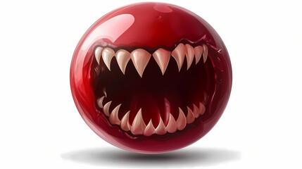 Naklejka premium A red, spherical object with a gaping mouth full of sharp teeth, rugby ball with a unique design, isolated on transparent or white background. Abyss. Illustration