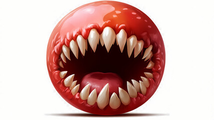 Fototapeta premium A red, spherical object with a gaping mouth full of sharp teeth, rugby ball with a unique design, isolated on transparent or white background. Abyss. Illustration