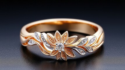 Naklejka premium A stunning gold royal ring with intricate design, boasting a regal and elegant aesthetic, set against a striking black background for a dramatic contrast.