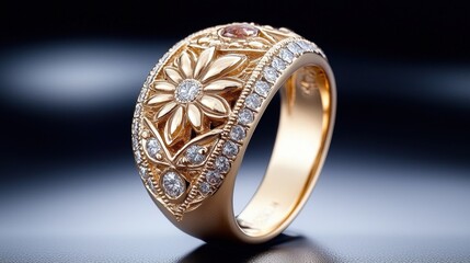 A stunning gold royal ring with intricate design, boasting a regal and elegant aesthetic, set against a striking black background for a dramatic contrast.