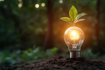 A glowing light bulb with a sprouting plant inside sits on soil, representing the integration of green technology and environmental consciousness in modern innovations.