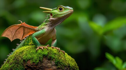 Obraz premium The majestic forest dragon, with wings outstretched, perches gracefully on a moss covered stone amidst a lush green woodland setting