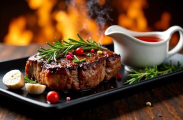 A steaming juicy T-bone steak garnished with rosemary sprigs, garlic cloves peppercorns lies on a black plate next to a boat filled with ketchup, against a background of a fire with tongues of flame,