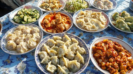 A colorful display features an array of traditional Chinese dishes arranged on intricate plates, highlighting diverse flavors and textures. Fresh ingredients and vibrant colors invite appetites
