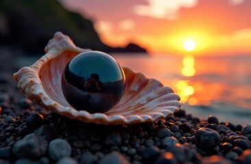 Large black pearl on a beautiful shell close-up lies on a scuba diving suit against the backdrop of a sunset on the right, copy space