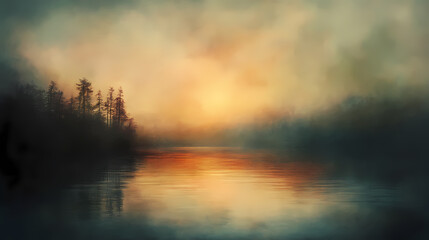 Fototapeta premium Whimsical twilight fantasy landscape dreamworld misty softfocus pastel surrealism goldenhour ethereal mystic atmospheric painterly skiescape luminous. Goldenhour. Illustration