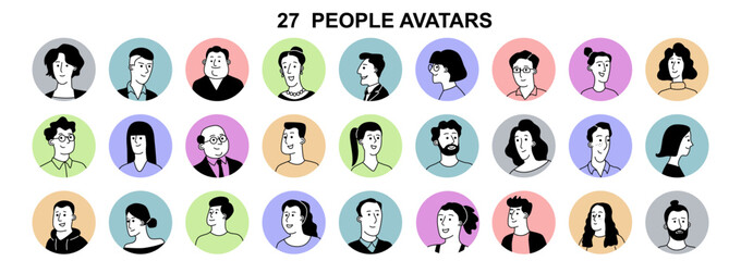 People avatars set. Hand drawn doodle portraits of men and women for social networks and websites. Character icons for user profile. Flat vector illustration collection
