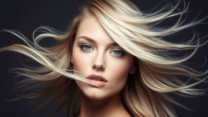 Fototapeta premium Elegant Blonde Beauty with Flowing Hair - Perfect for Fashion, Beauty, and Haircare Advertisements