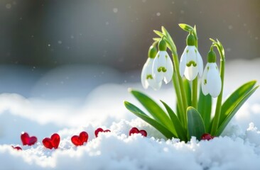 Valentine's Day card, snowdrops in the snow, small red hearts nearby, copy space