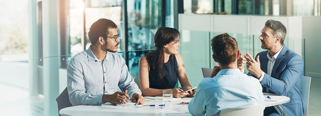 Leader, meeting or business people with feedback for planning, investment research or budget...