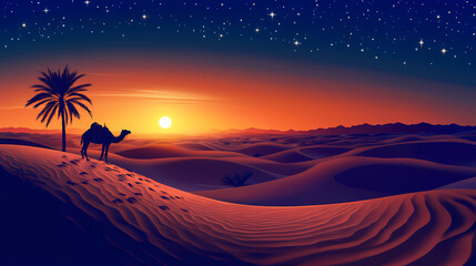 Midnight mirage in the forgotten thal desert sands. Goldenhour. Illustration