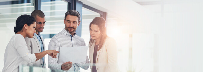 Banner, business people and document for discussion, collaboration and advice as feedback in...
