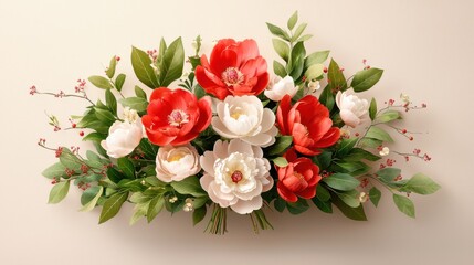 A stunning composition featuring vibrant magnolia flowers, delicate peonies, and lush green leaves against a light background