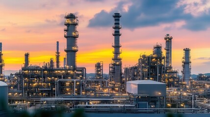 Obraz premium A refinery plant at sunset with an engineer using a tablet to check operational data and ensure safety