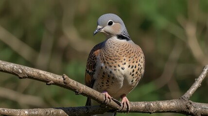 Close-up of a speckled dove perched on a branch.