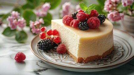 Creamy cheesecake slice with raspberries, blackberries, and red currants, served on a patterned plate.