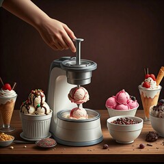 an ice cream maker churning ice cream, with various flavors visible, keywords: ice cream, dessert, sweet, cold, creamy, delicious, homemade, fresh, vanilla, strawberry, summer, party, celebration, ind