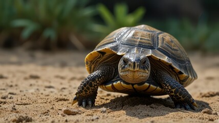 Obraz premium Close-up of a tortoise walking on sand.