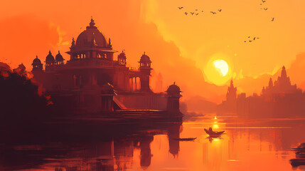 Indian temple at sunset. Goldenhour. Illustration