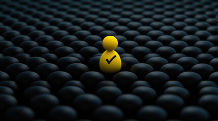 Fototapeta premium searching for workers yellow figure stands out among black spheres, symbolizing uniqueness and success. Hiring Human Resources