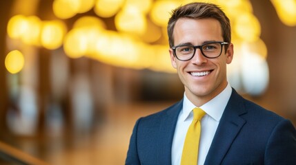 Fototapeta premium A smiling man in a suit and glasses stands in a well-lit environment, exuding professionalism and confidence.