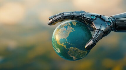 Fototapeta premium A robotic hand gently holds a miniature Earth, symbolizing the intersection of technology and environmental stewardship.
