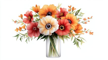 Obraz premium A beautiful watercolor illustration of a bouquet of vibrant flowers, set against a white background, perfect for gifting to a loved one.
