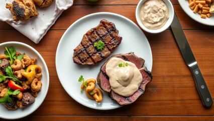 Gourmet Grilled Steak with Creamy Sauce and Side Dishes - Perfect for Food Blogs, Restaurants, and Culinary Websites
