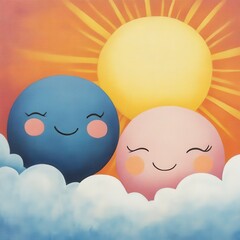 Cheerful sun and moon characters in the clouds.