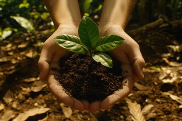 Fototapeta premium Gently cradled hands nurture a tiny seedling, symbolizing the delicate balance between human care and nature's growth