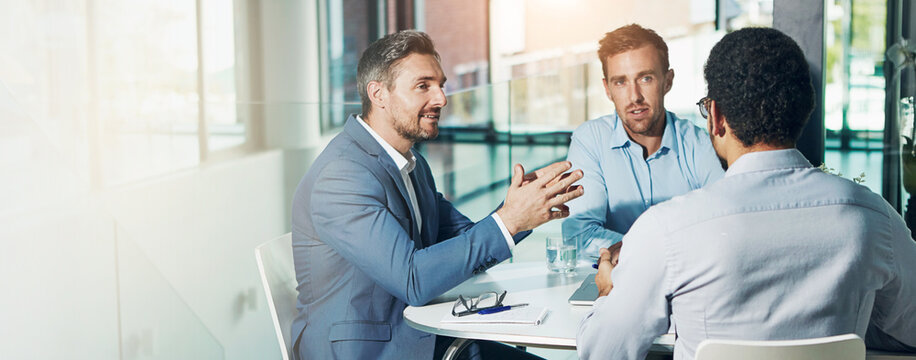 Discussion, research and director planning project with team, collaboration and ideas. Proposal, conversation and corporate business people with banner, mockup and space for office strategy meeting