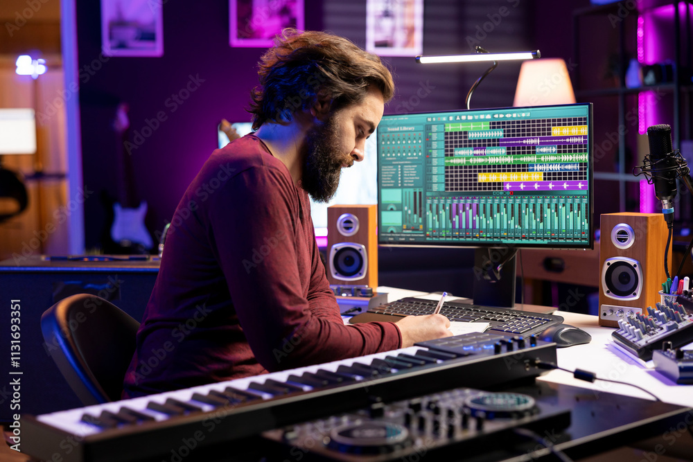 Aufkleber Musical producer composing new lyrics for songs and recording music with audio devices in home studio. Singer songwriter writes material by taking notes and creating rhymes or melodies.