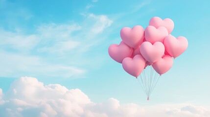 Fototapeta premium Pink heart balloons floating in a bright sky.