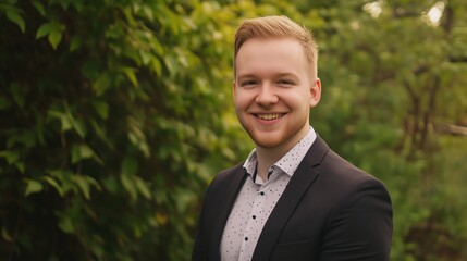 Man is smiling and wearing a suit