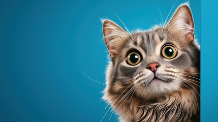 Fototapeta premium A realistic digital illustration of a scared gray cat with wide eyes, peeking out cautiously from behind a corner on a vibrant blue background, with ample blank space for adding text.