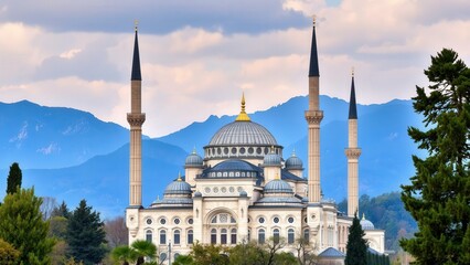 Obraz premium Magnificent Mosque: A Stunning Architectural Wonder Against a Backdrop of Majestic Mountains