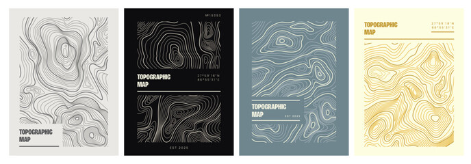 Topographic map posters set. Covers or flyers with contour lines of geographic relief. Stylish design with cartography texture. Flat outline vector illustration collection