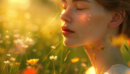 Fototapeta premium Young Woman in Sunlight with Wildflowers