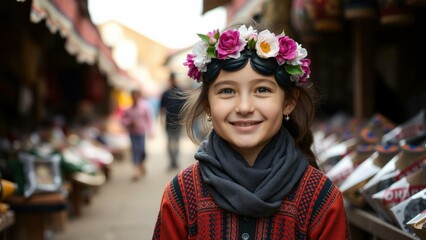 Fototapeta premium Charming Girl with Flower Crown in a Traditional Market, Perfect for Cultural and Lifestyle Content