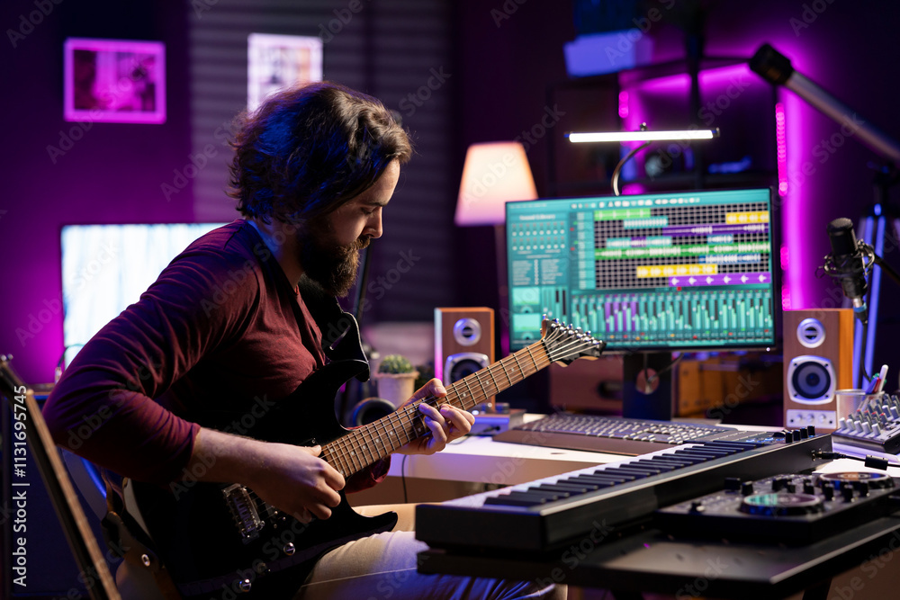 Poster young artist recording himself playing acoustic guitar in home studio, creating new string accords a