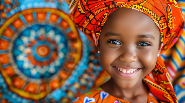 Joyful portrait of an adorable african child in traditional attire with text space on the left