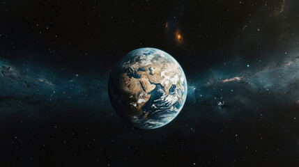 Naklejka premium Earth in space, viewed from afar, showcasing continents and clouds against a backdrop of stars and nebulae.