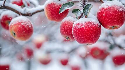 Apple orchard in winter, the bare trees and branches covered in snow, season nature of agriculture fruit garden, pruning and cultivation in the cold weather, outdoor plant.