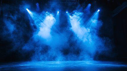 Blue spotlight on a stage scene backdrop or background. empty beam floor with smoke, illuminated shiny show performance entertainment event, ray, glow, night.