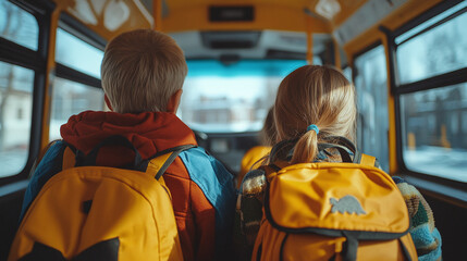 Children with backpacks sitting in bus interior, group of kindergarten students transportation and...