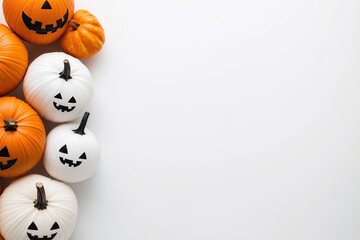 Obraz premium Pumpkins arranged in a row against a white background. Orange and white pumpkins with black faces are displayed. Halloween or autumn theme. Perfect for seasonal designs or greeting cards.