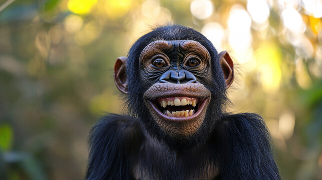 Closeup of funny big silver back gorilla ape primate monkey smiling face portrait looking at the camera, happy chimpanzee in the jungle or zoo, orangutan animal teeth.