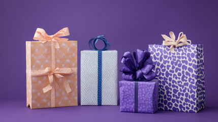 Obraz premium Four gift boxes with various patterns and ribbons on purple background.