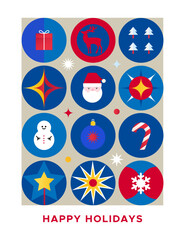 New Year's minimalistic poster with Santa, toys and candy cane. Merry Christmas and Happy New Year card.