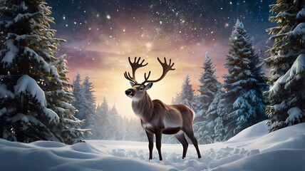 A festive Christmas banner featuring a magical scene of a reindeer standing at the center of a snowy forest. 